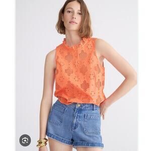 J Crew Fleur Top Eyelet Orange Sleeveless Sz M BR583 Cotton Blend Ruffle